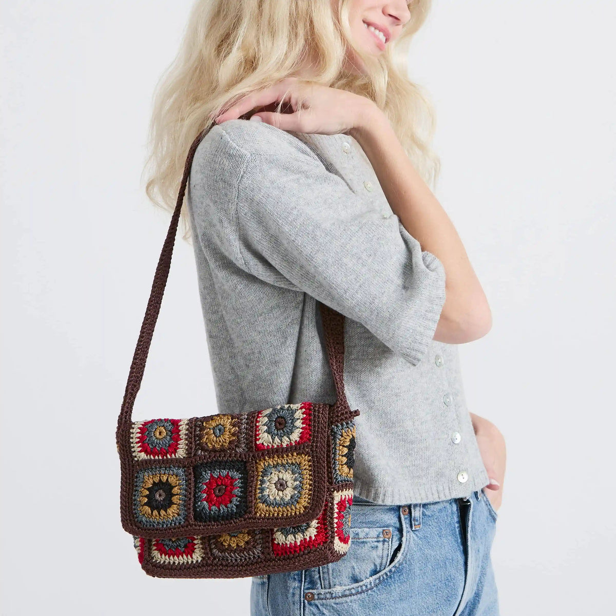 Marlow Flap Shoulder Bag - Hand Crochet - Walnut Patch