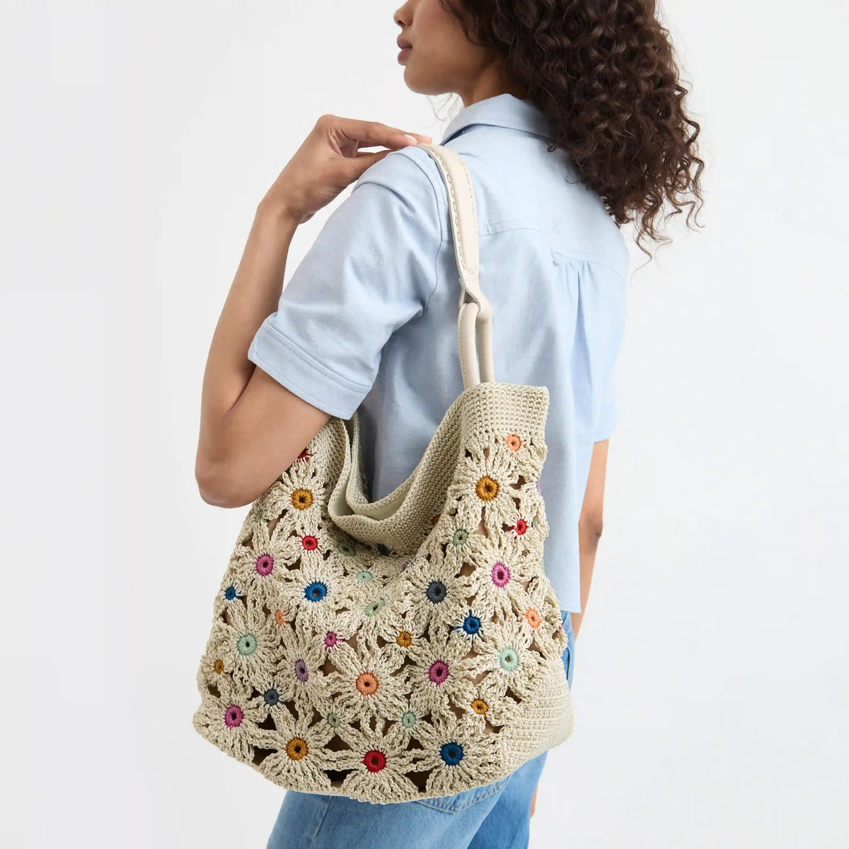Los Feliz Large Tote - Hand Crochet - Natural Multi Flowers