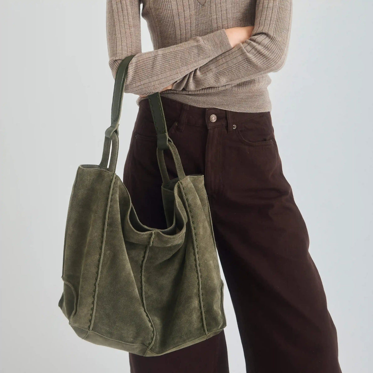 Los Feliz Large Tote - Leather - Moss Suede