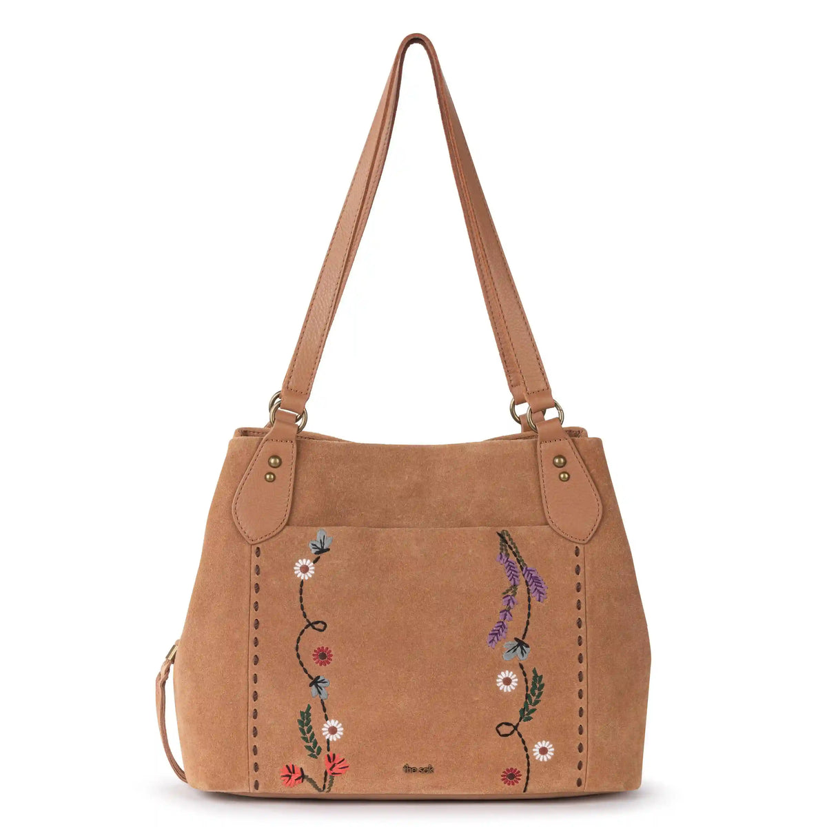 Melrose Satchel - Leather - Tan Suede Whimsy Floral Embroidery