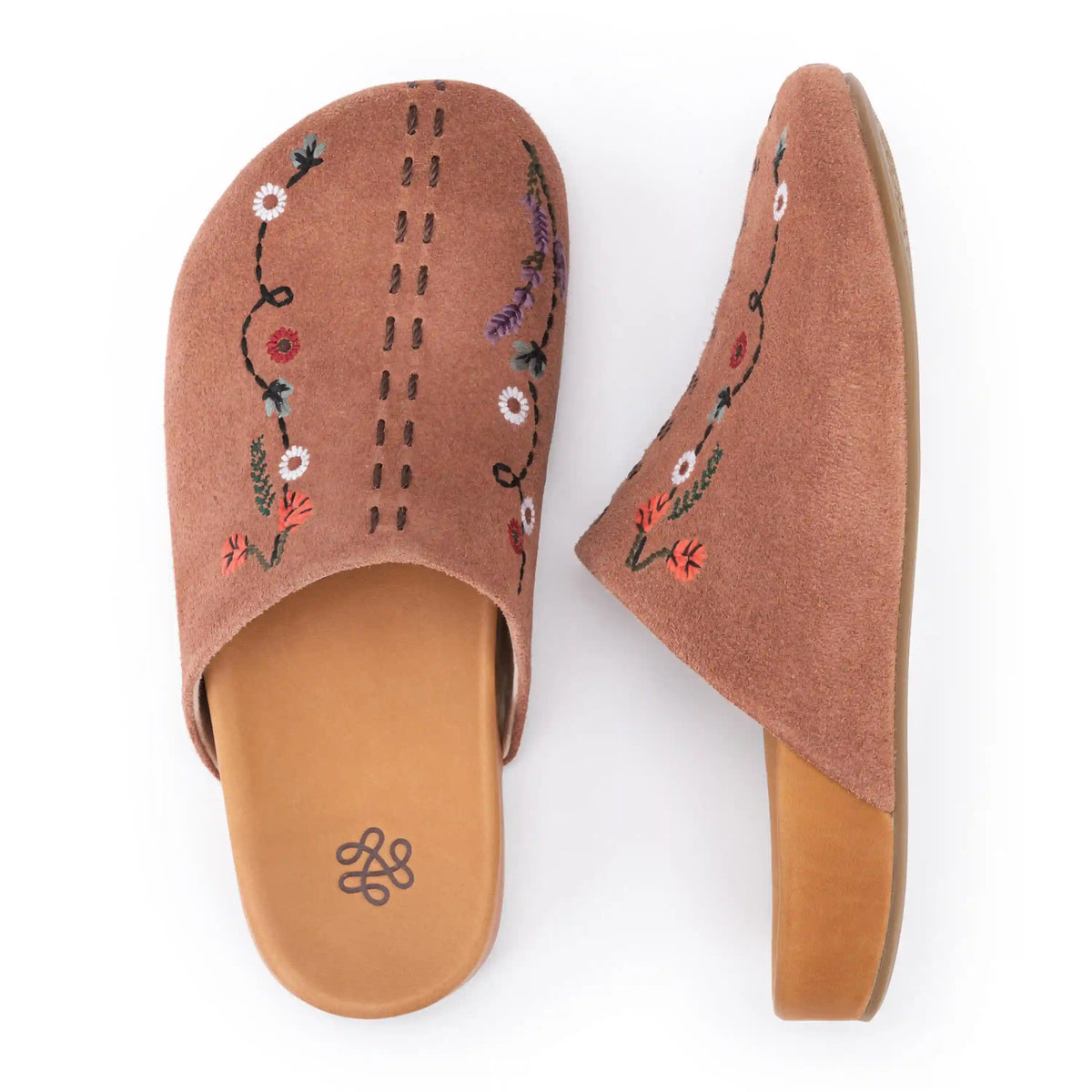 Bolinas Clog - Leather - Tobacco Suede Whimsy Floral Embroidery