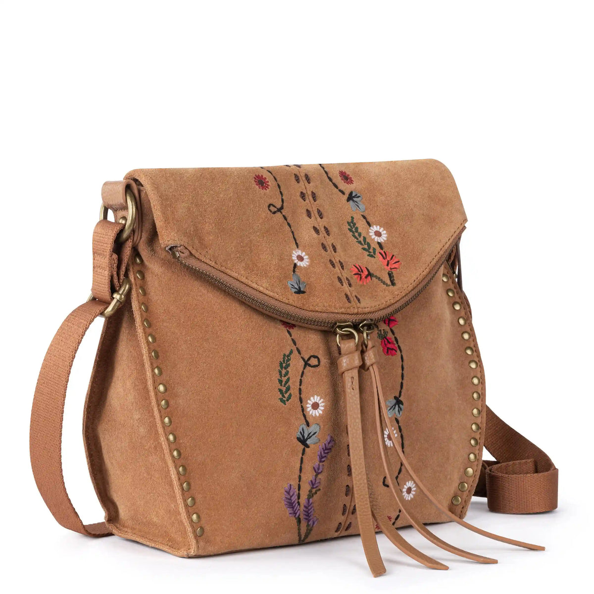 Silverlake Flap Crossbody - Leather - Tan Suede Whimsy Floral Embroidery
