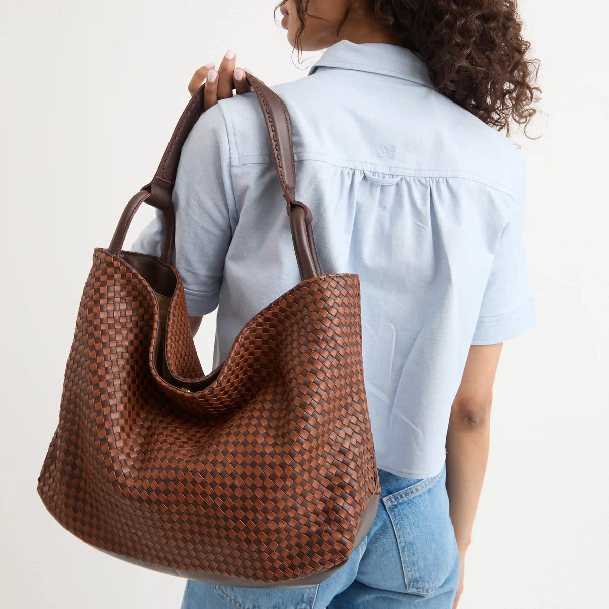 Los Feliz Large Tote - Leather - Woven Mahogany Cognac