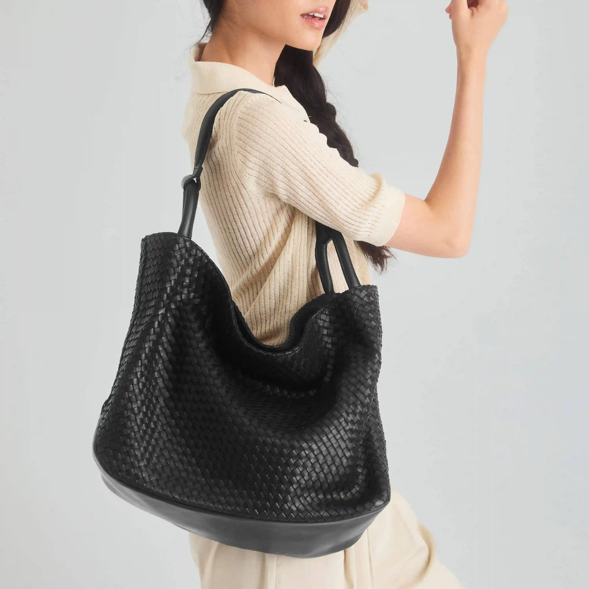 Los Feliz Large Tote - Leather - Woven Black