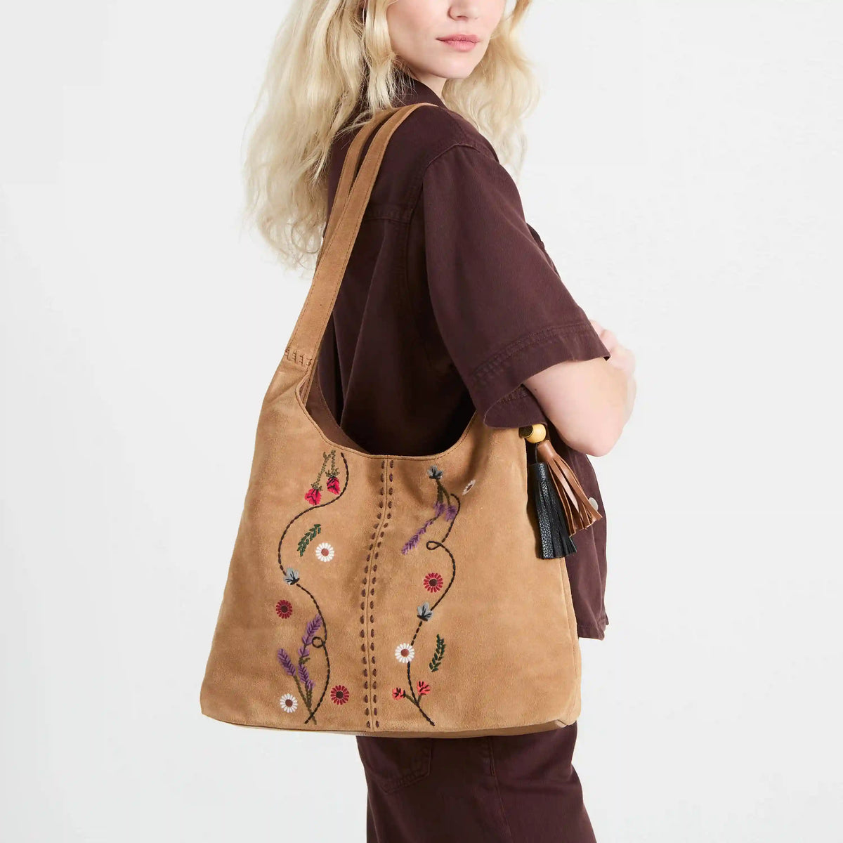 Huntley Hobo - Leather - Tan Suede Whimsy Floral Embroidery
