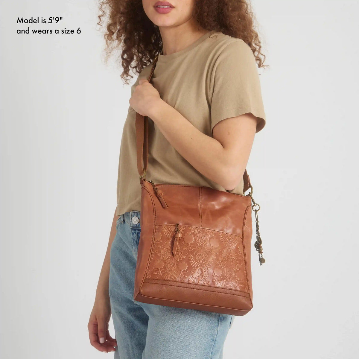 Lucia Crossbody - Leather - Tobacco Floral Embossed