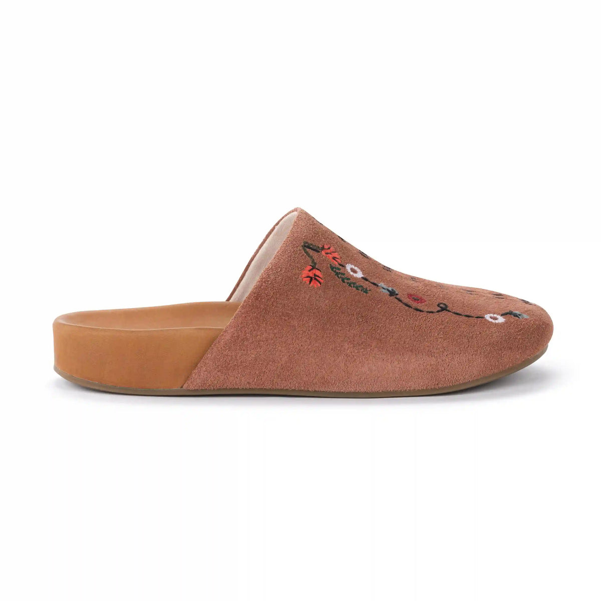 Bolinas Clog - Leather - Tobacco Suede Whimsy Floral Embroidery