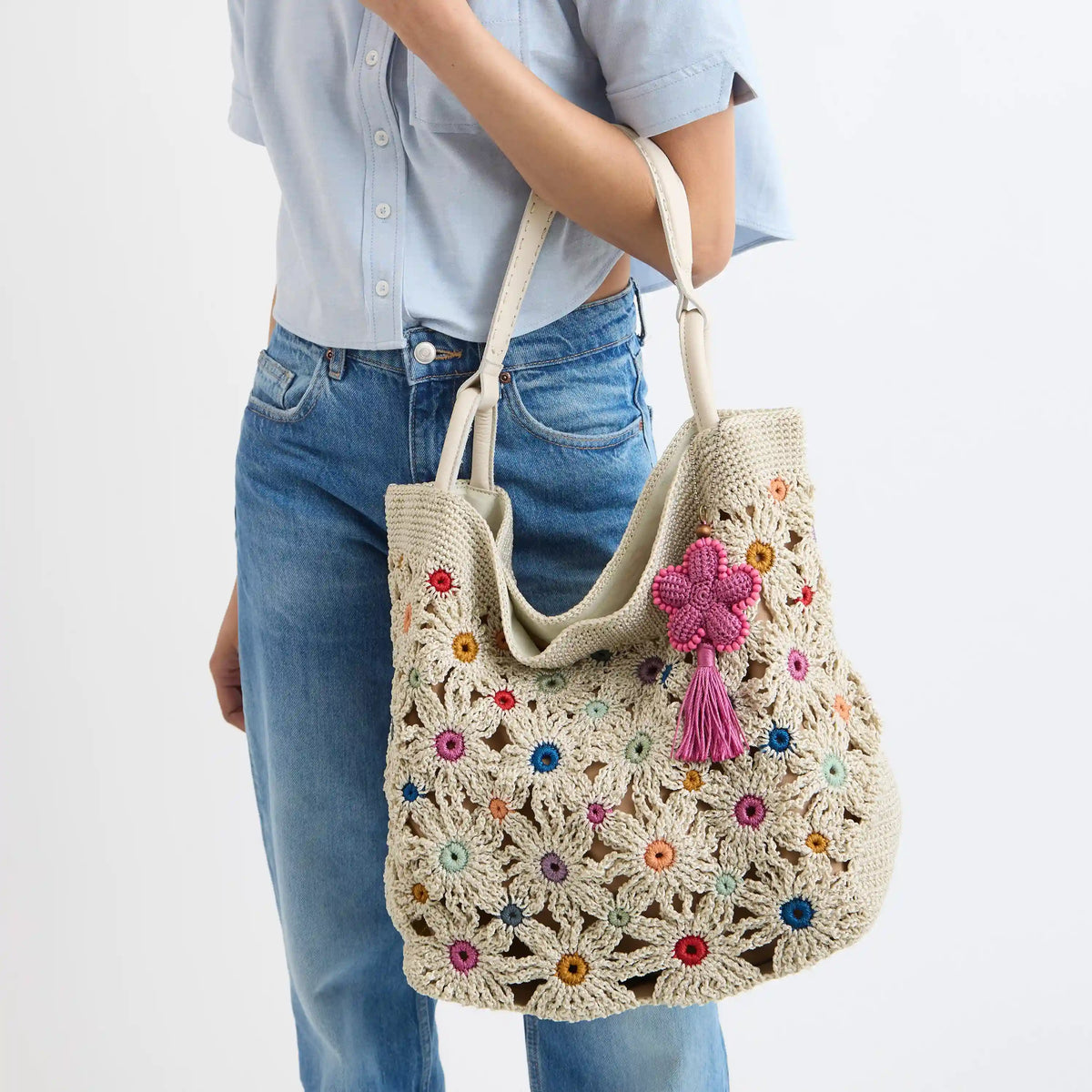 Los Feliz Large Tote - Hand Crochet - Natural Multi Flowers