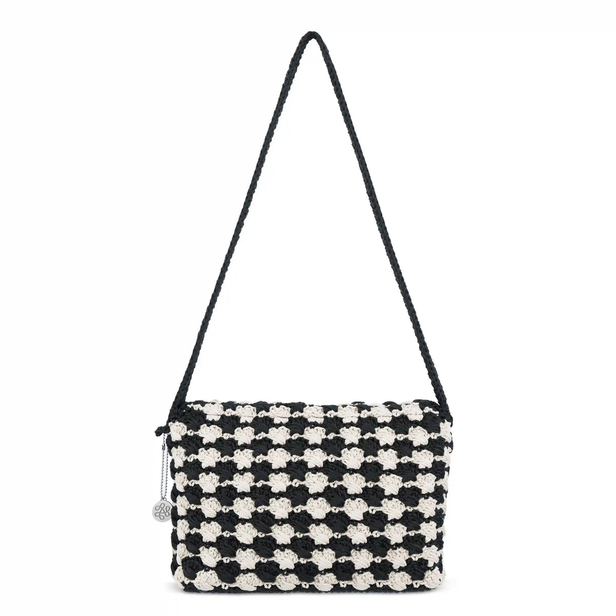 Marlow Flap Shoulder Bag - Hand Crochet - Black Ecru Shell