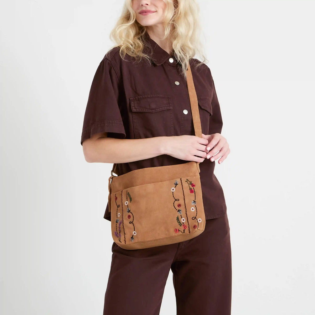 Melrose Crossbody - Leather - Tan Suede Whimsy Floral