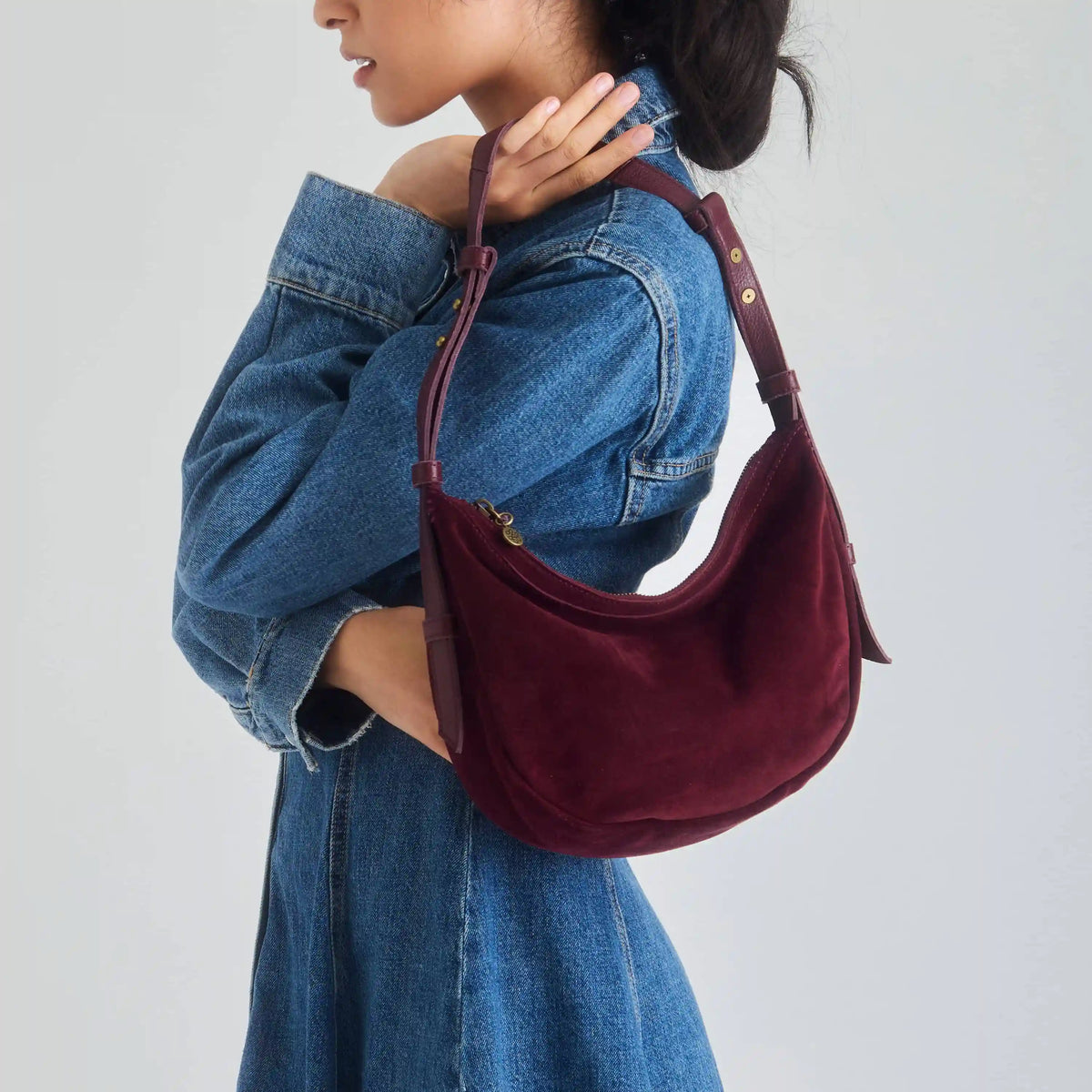 Tess Shoulder Bag - Leather - Black Cherry Suede