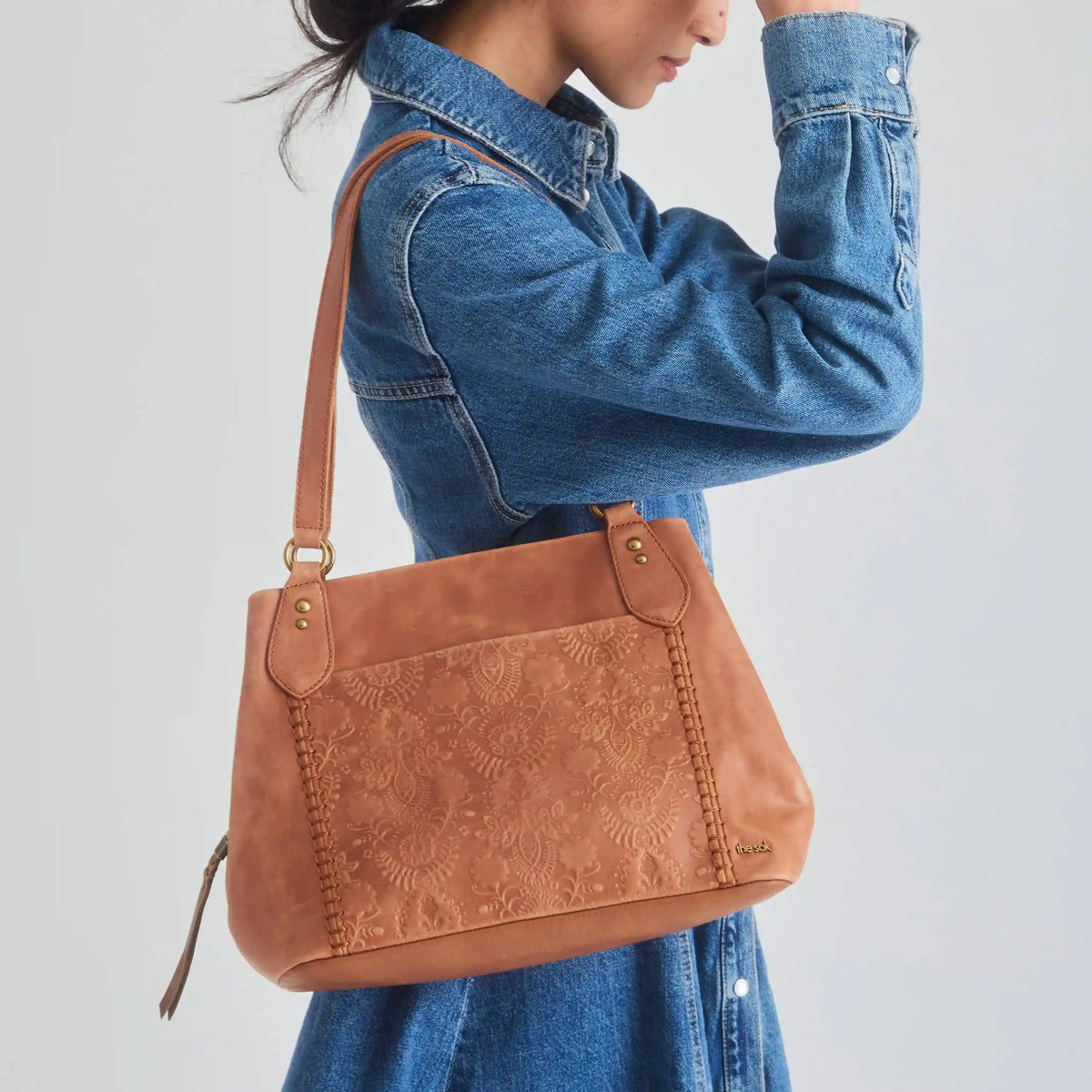 Melrose Satchel - Leather - Tobacco Floral Embossed