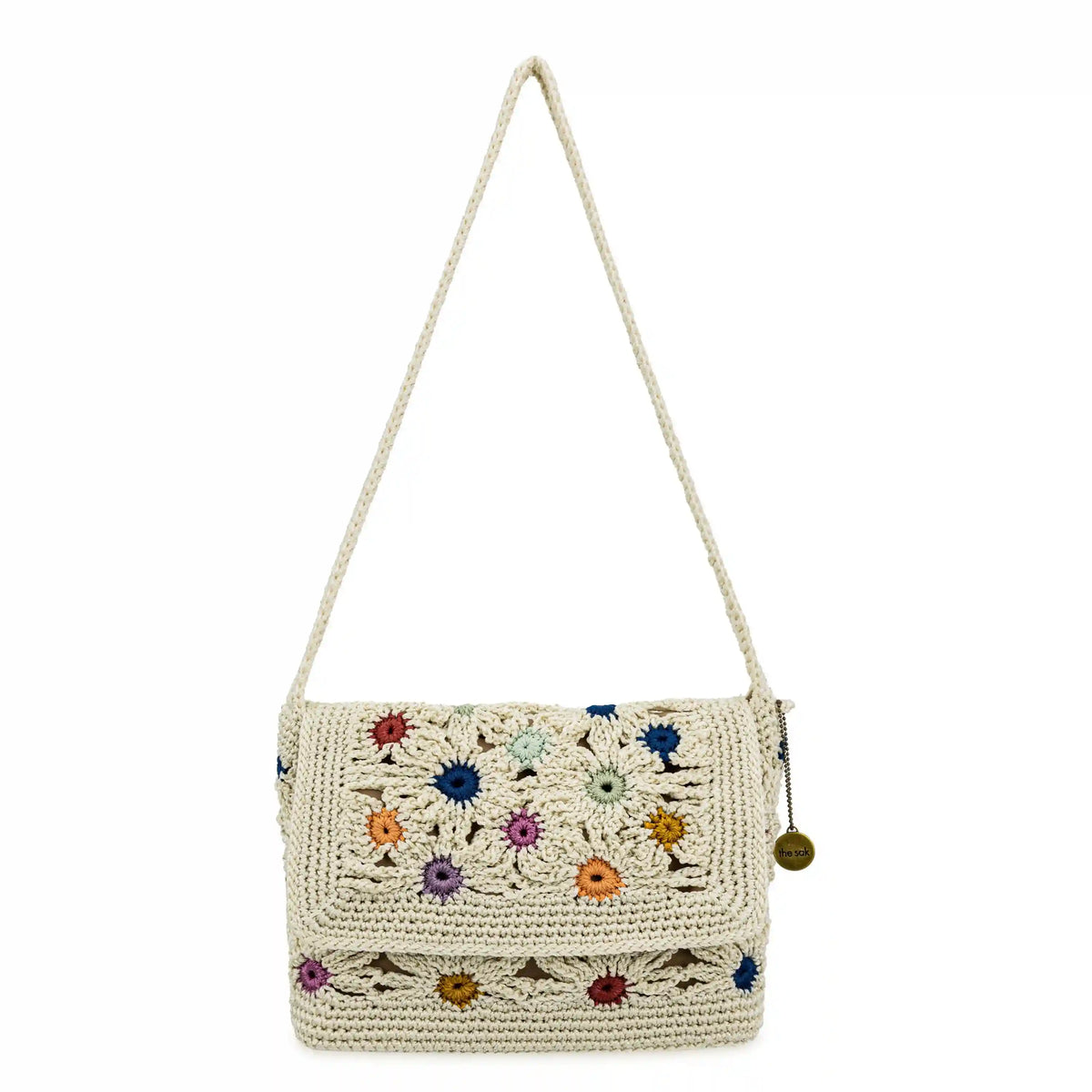 Marlow Flap Shoulder Bag - Hand Crochet - Natural Multi Flowers