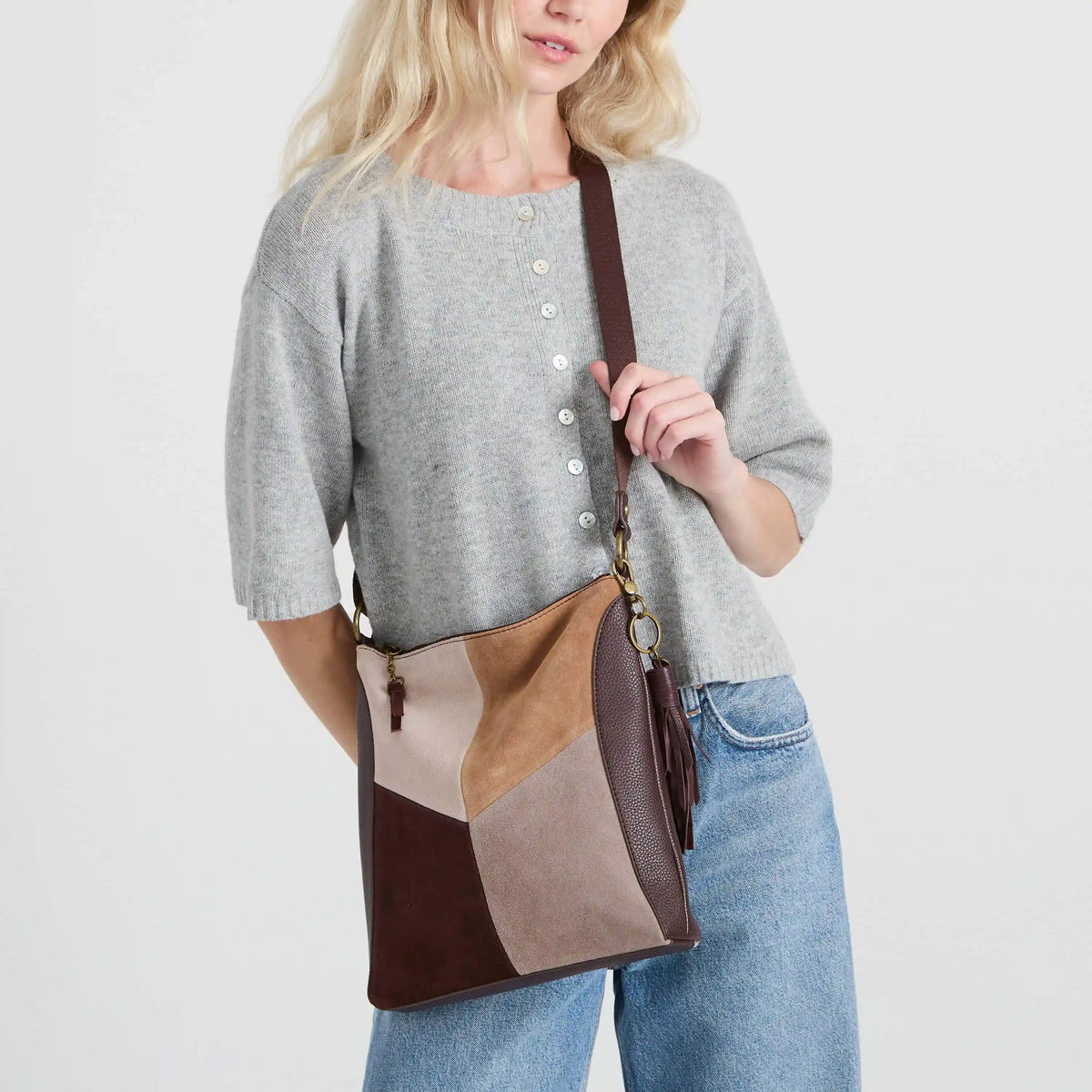 Lucia Crossbody - Leather - Mahogany Suede Block