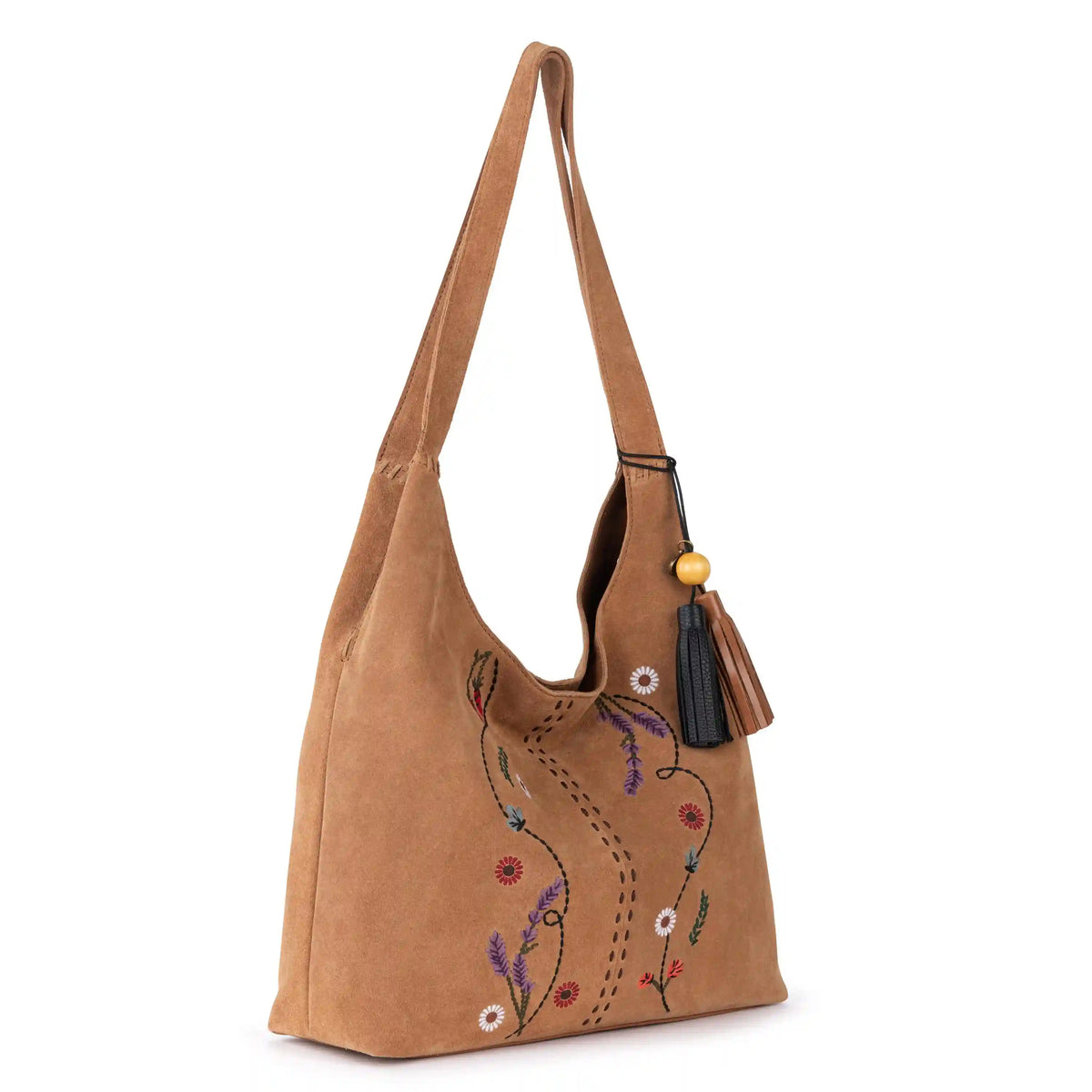 Huntley Hobo - Leather - Tan Suede Whimsy Floral Embroidery