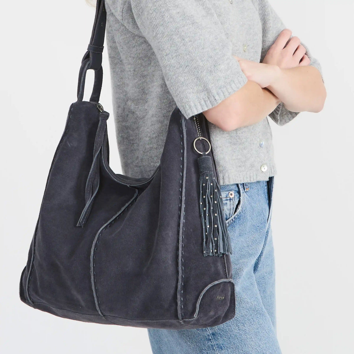 Los Feliz Bucket Hobo - Leather - Storm Grey Suede
