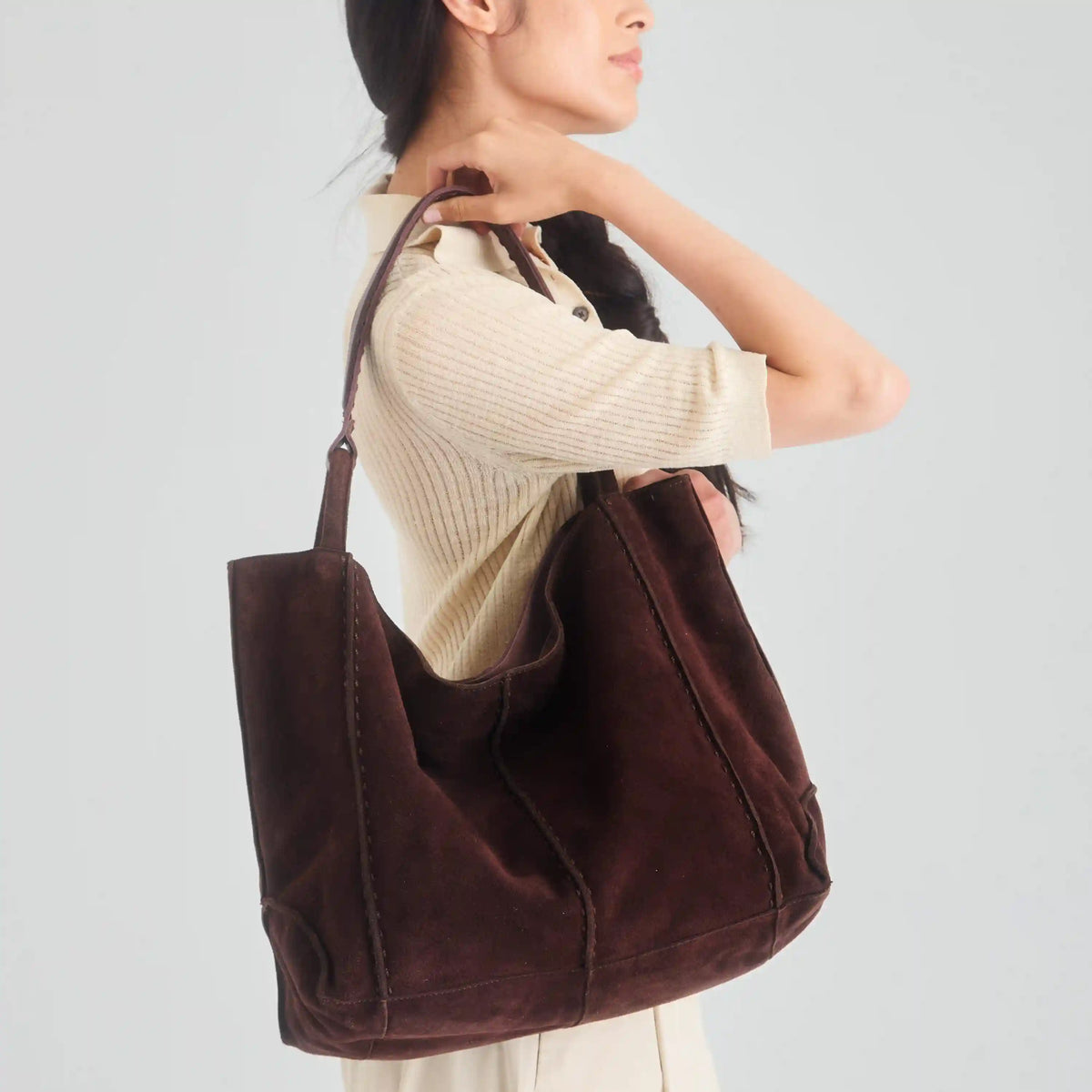 Los Feliz Large Tote - Leather - Mahogany Suede
